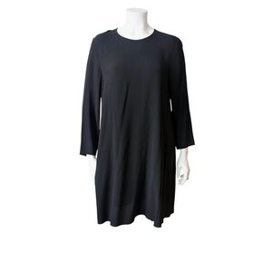 Eileen Fisher 100% Silk Georgette Crepe Midi Shift Black Dress 3/4 Sleeve sz S